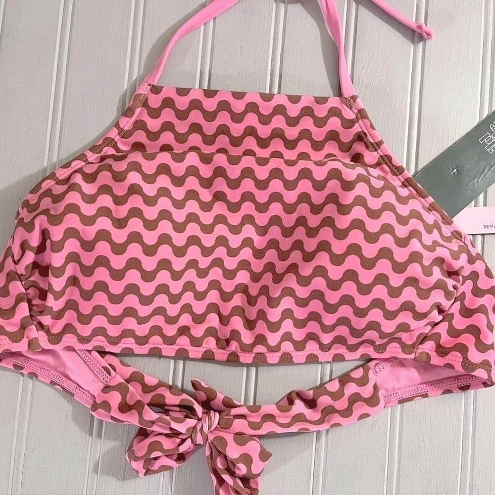 Wild Fable Halter Bikini Swim Top Womens Small Pink Brown Waves Stretchy NWT